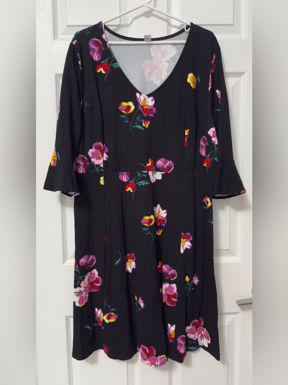 Old Navy Black Floral V-Neck Midi Dress with Pink & Yellow Flowers